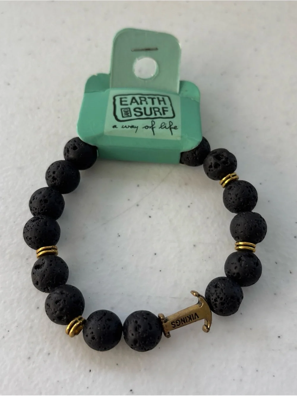 Earth Surf Men’s Stretch Beaded Brown Lava Rock Power Bracelet Anchor Accent NWT